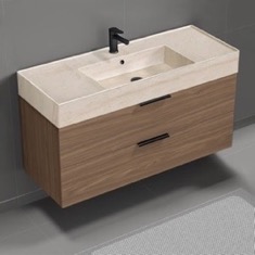 Floating Bathroom Vanity, Modern, Walnut, 48 inch, Travertine Style Sink